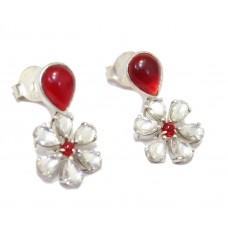 Dangle women's earrings 925 sterling silver Red onyx & Crystal stones B28